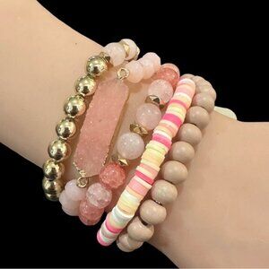 Riah Fashion Pink & Gold Beaded Stretch Bracelet Set With Druzy Accent